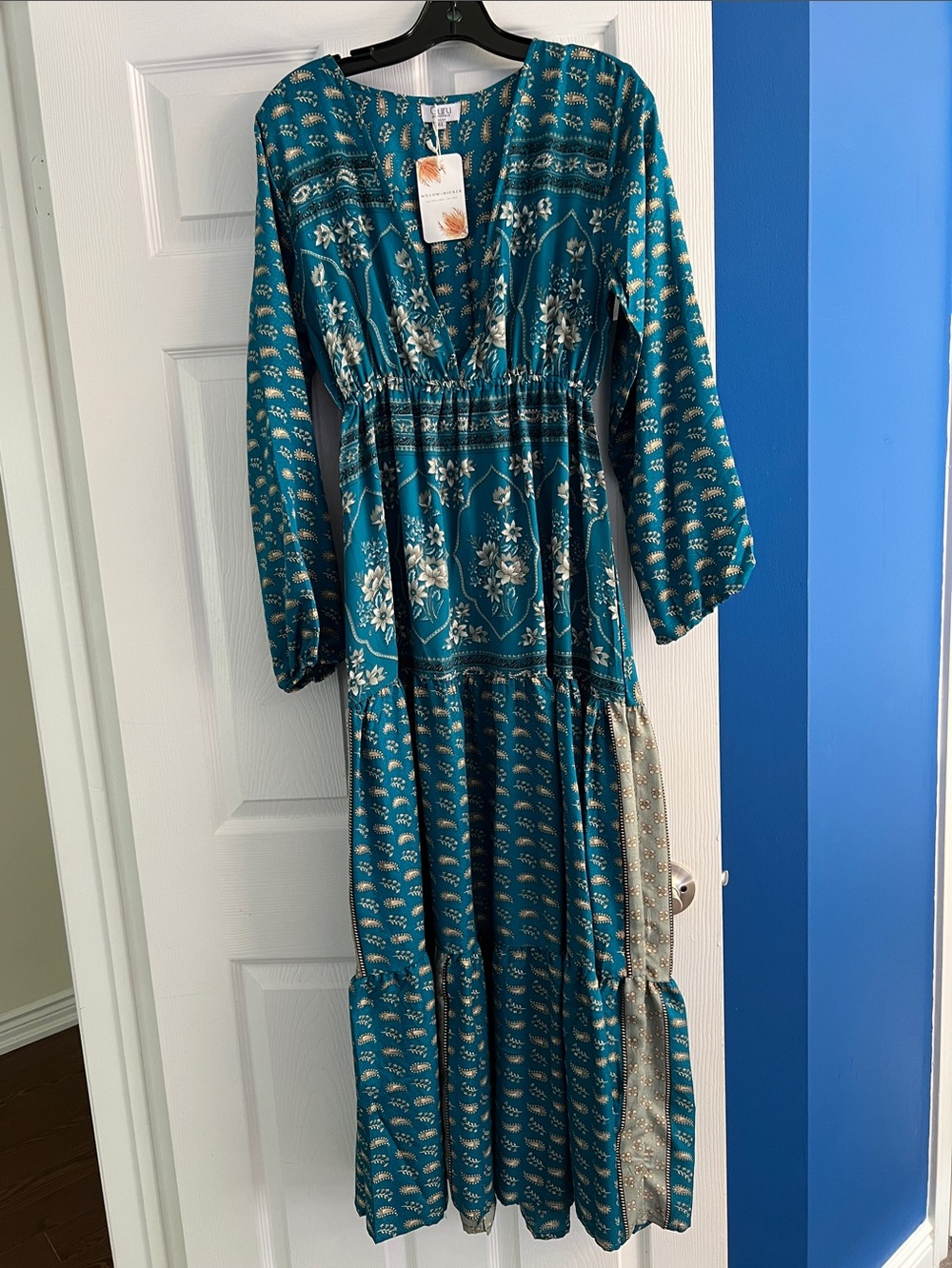 Boho Teal Floral Maxi Dress - Lightweight Tiered Women's Dress